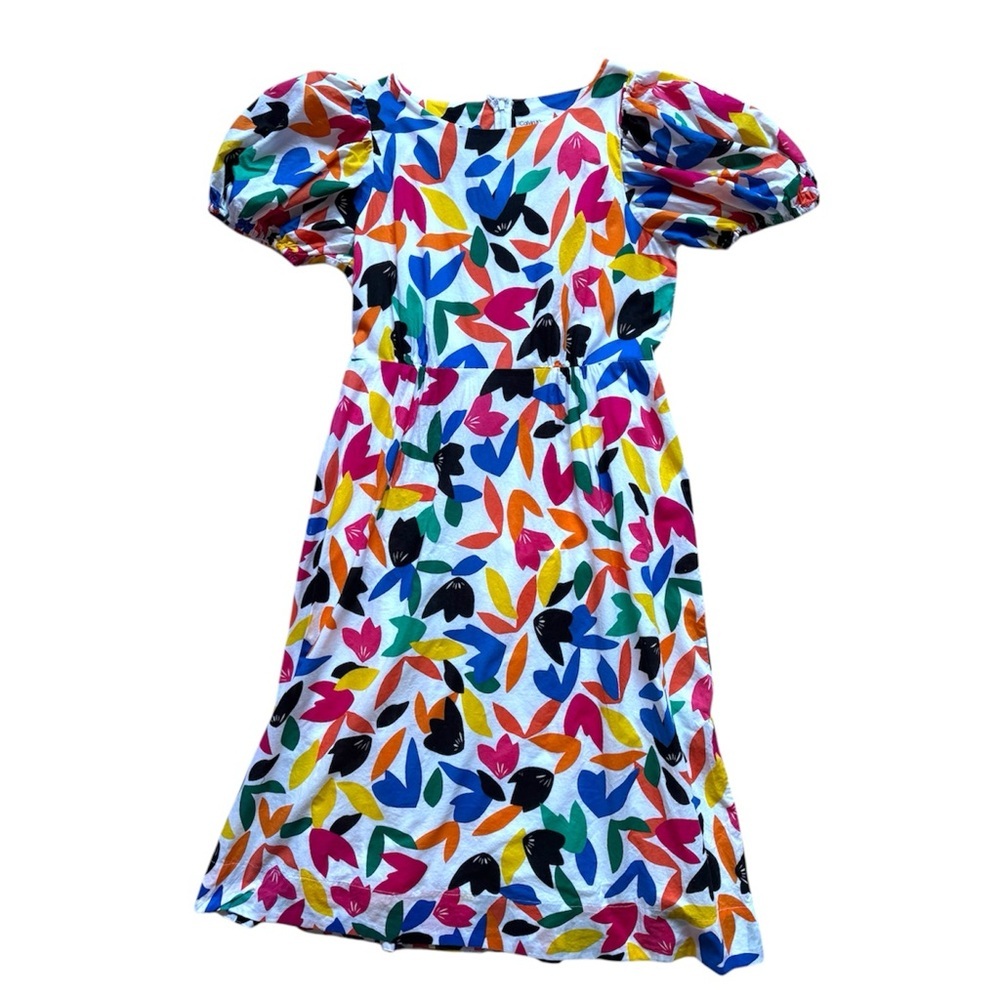 Calvin Klein Colorful Feather Printed Puff-Sleeve Midi Dress Women’s Size 14